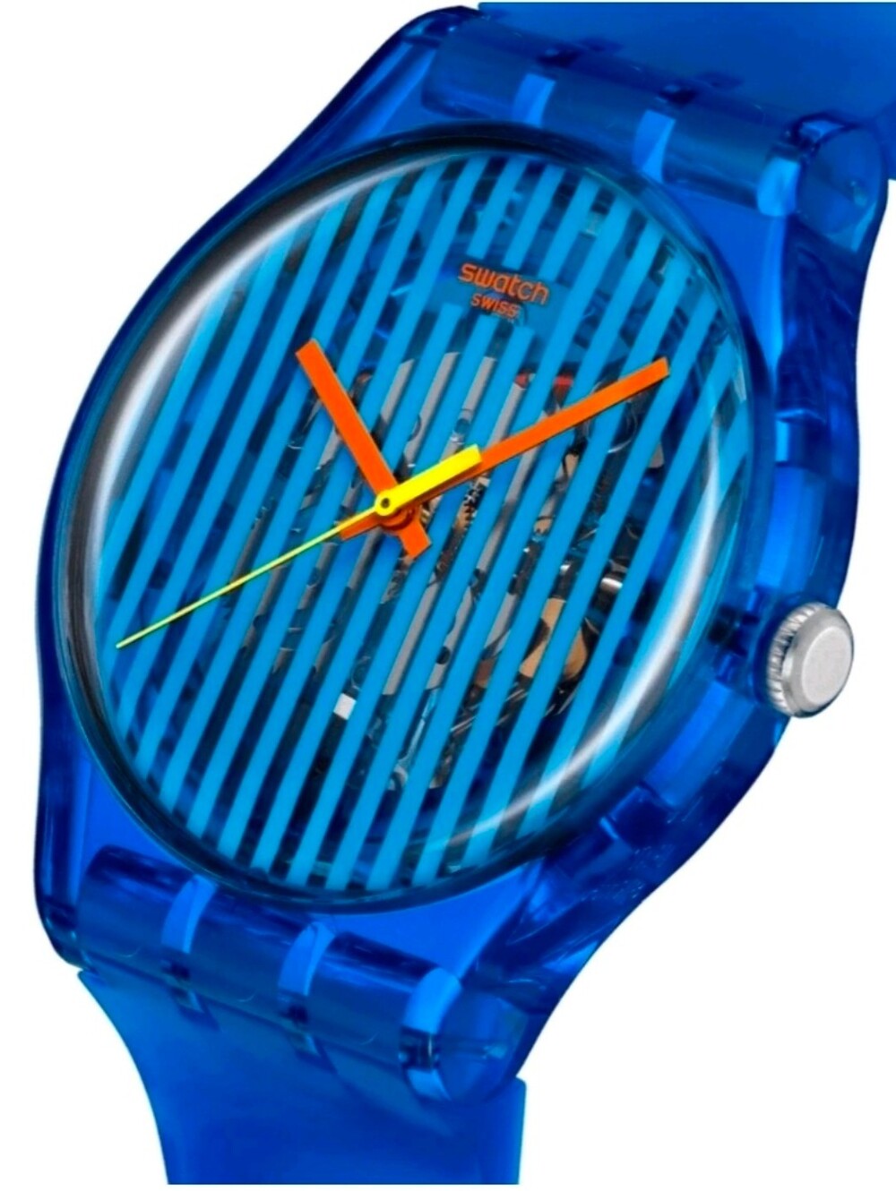 NWT Swatch Brilliantly Blue Transparent Watch New Gent SO29S102 New Battery